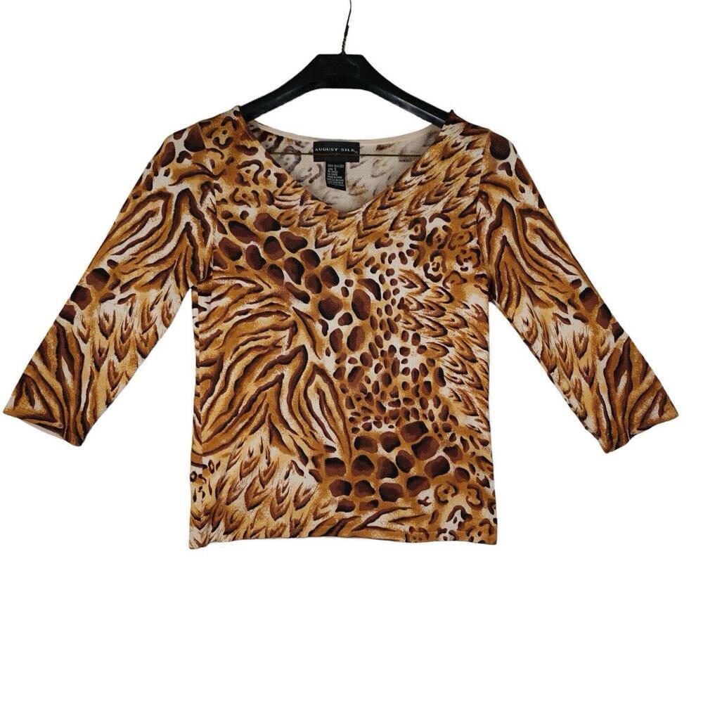 August Silk Women's Size S Button Up Leopard Print Cardigan Brown Gold Silk Y2k